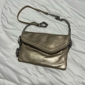 HOBO Metallic Taupe Leather Crossbody with Silver Chain Strap